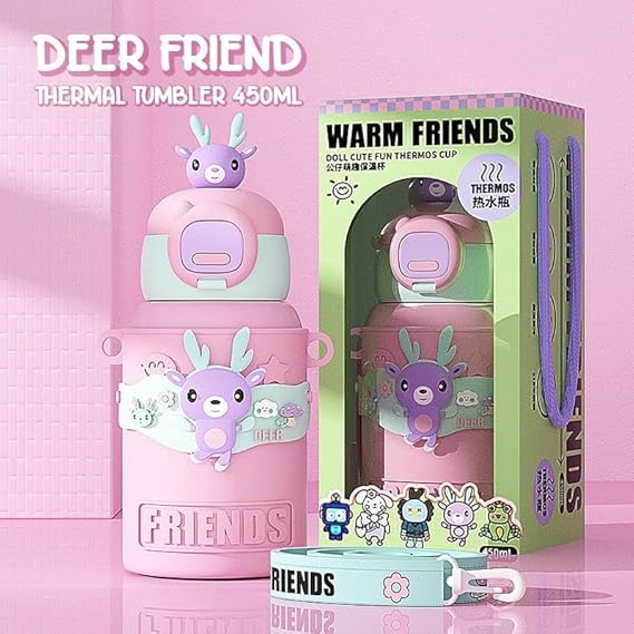 HOMIQUE Warm Friends Cute Animal Thermos Bottle – Insulated Kids Water Bottle with Strap (450ml)