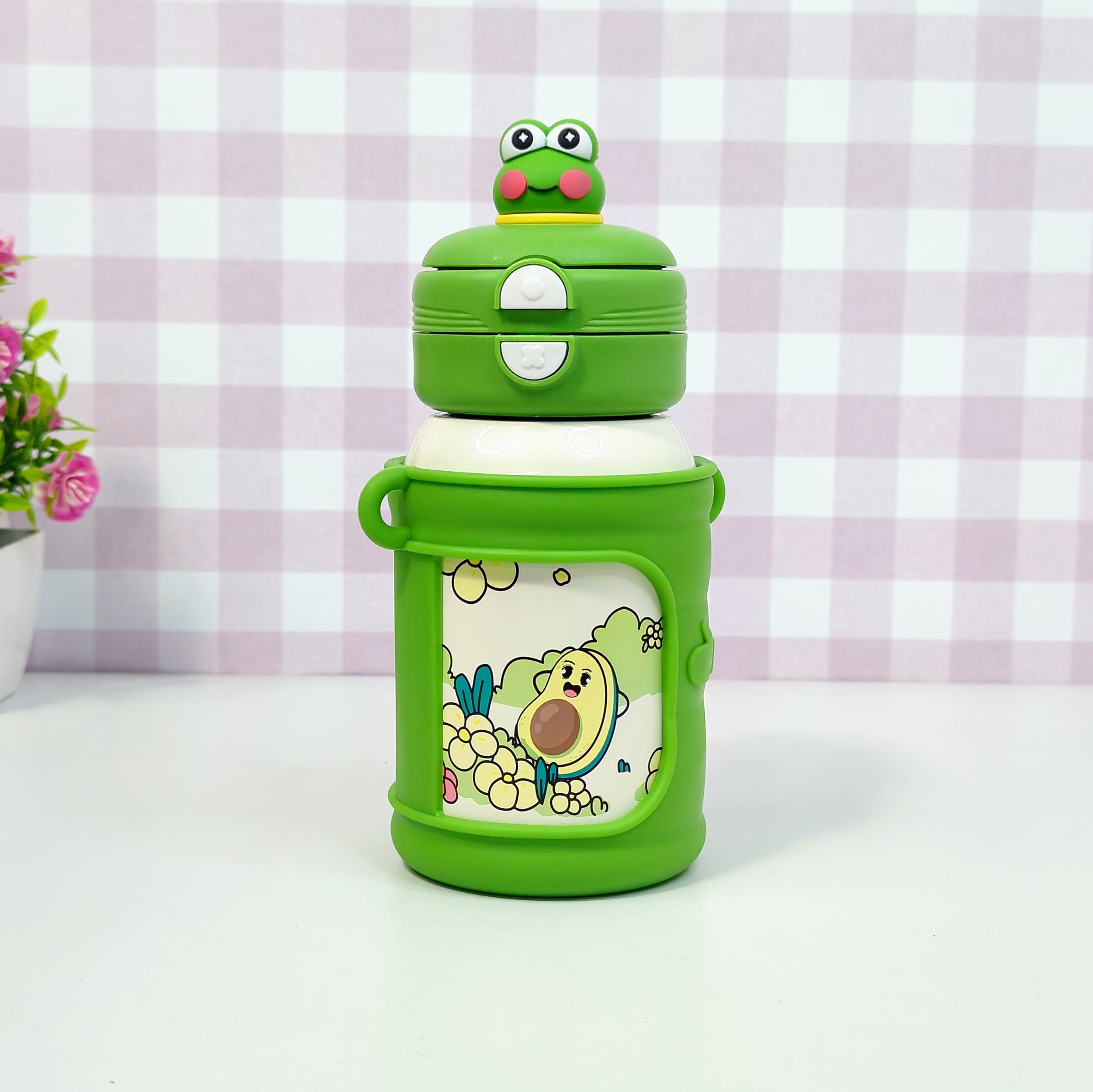 HOMIQUE Cute Animal Sipper – Dual Opening Stainless Steel Double Walled Insulated Bottle for Kids (With Silicone Sleeve & Cartoon Lid)