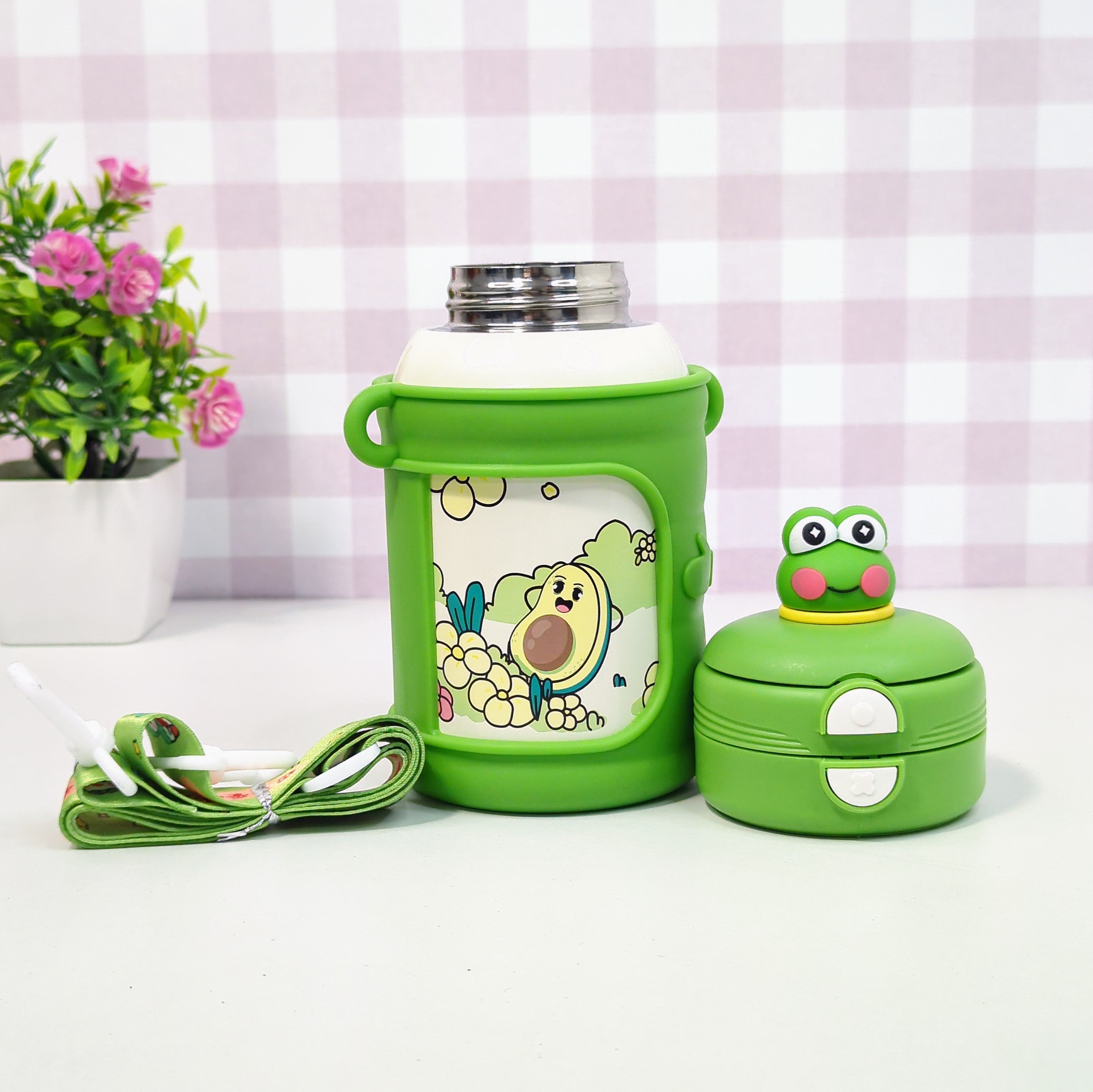 HOMIQUE Cute Animal Sipper – Dual Opening Stainless Steel Double Walled Insulated Bottle for Kids (With Silicone Sleeve & Cartoon Lid)