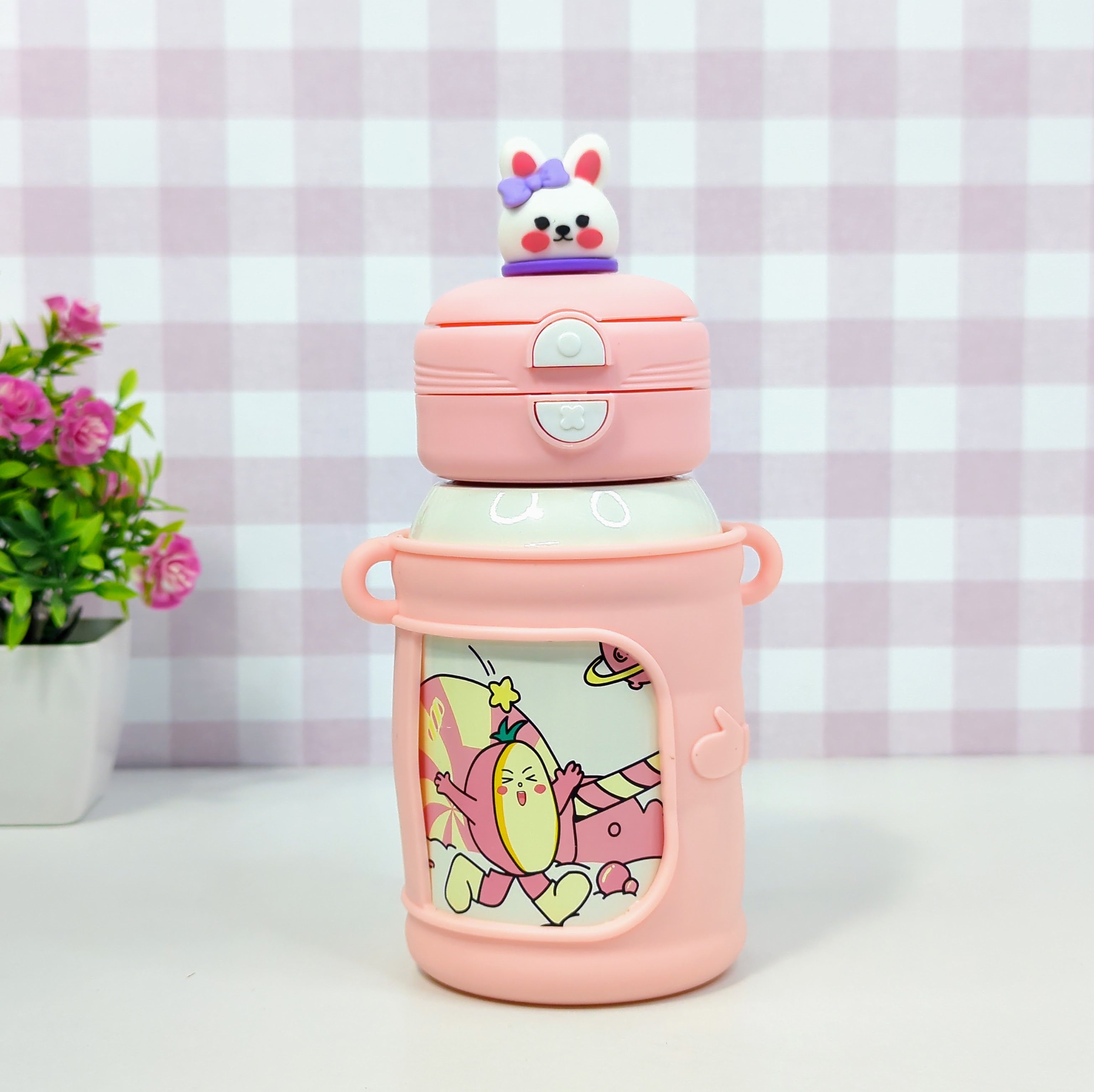 HOMIQUE Cute Animal Sipper – Dual Opening Stainless Steel Double Walled Insulated Bottle for Kids (With Silicone Sleeve & Cartoon Lid)