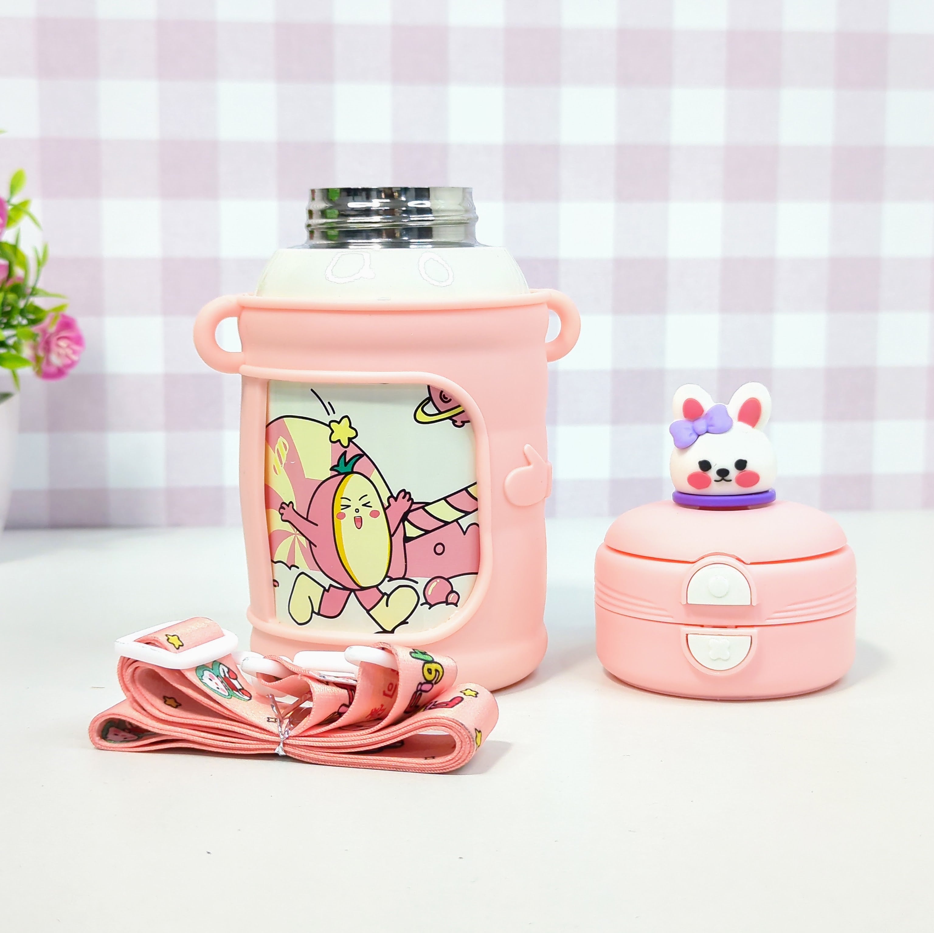 HOMIQUE Cute Animal Sipper – Dual Opening Stainless Steel Double Walled Insulated Bottle for Kids (With Silicone Sleeve & Cartoon Lid)
