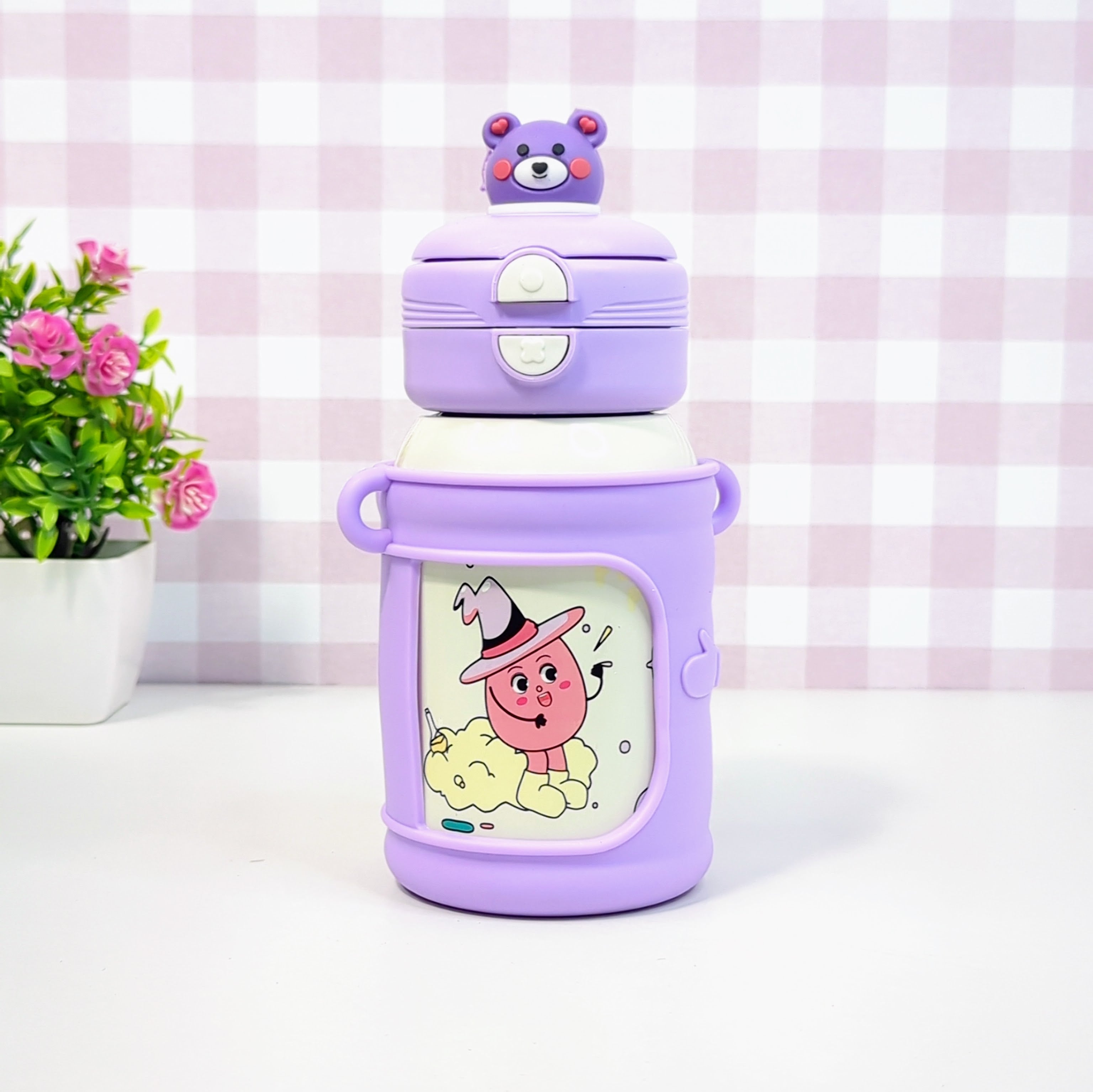 HOMIQUE Cute Animal Sipper – Dual Opening Stainless Steel Double Walled Insulated Bottle for Kids (With Silicone Sleeve & Cartoon Lid)