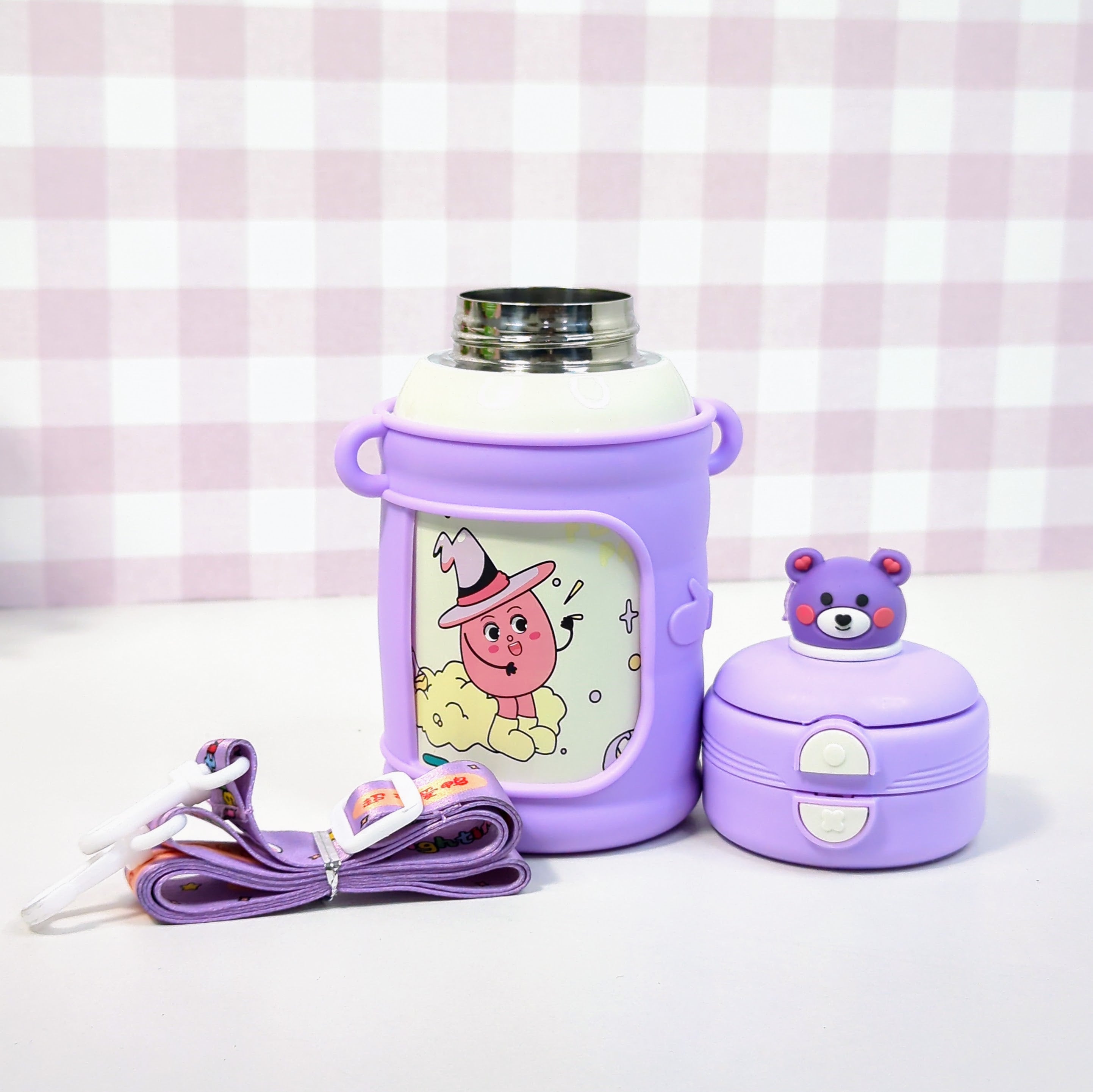 HOMIQUE Cute Animal Sipper – Dual Opening Stainless Steel Double Walled Insulated Bottle for Kids (With Silicone Sleeve & Cartoon Lid)