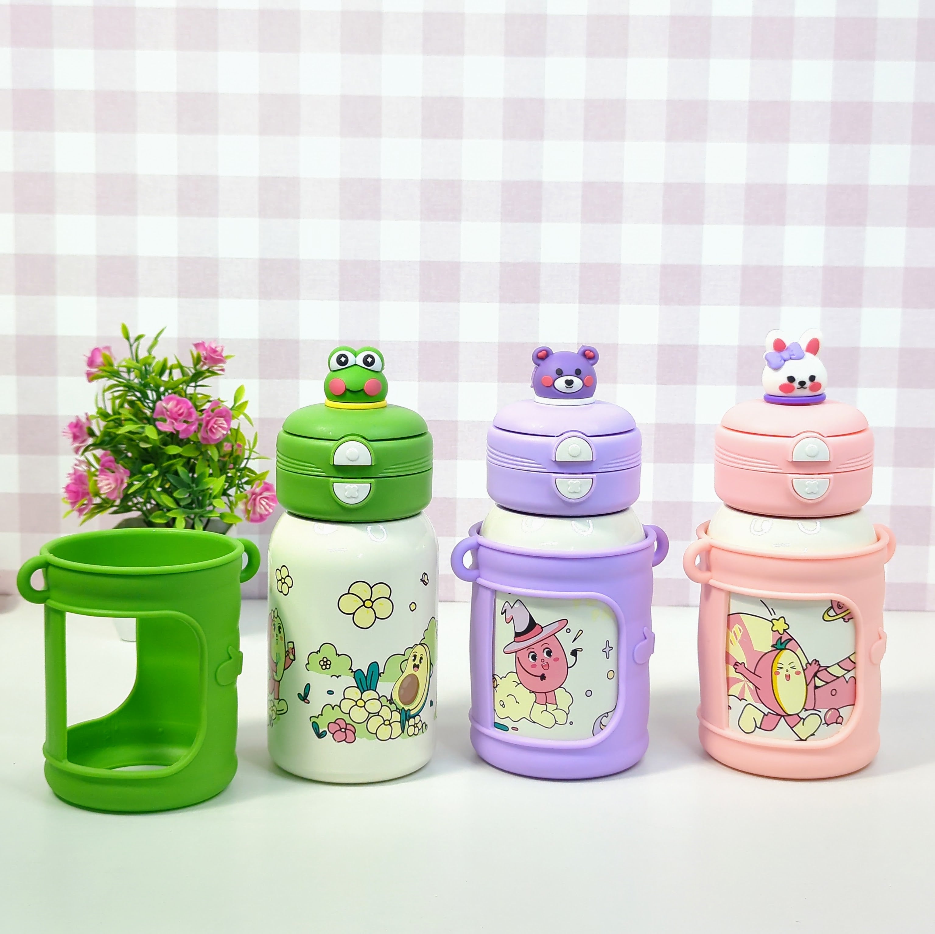 HOMIQUE Cute Animal Sipper – Dual Opening Stainless Steel Double Walled Insulated Bottle for Kids (With Silicone Sleeve & Cartoon Lid)