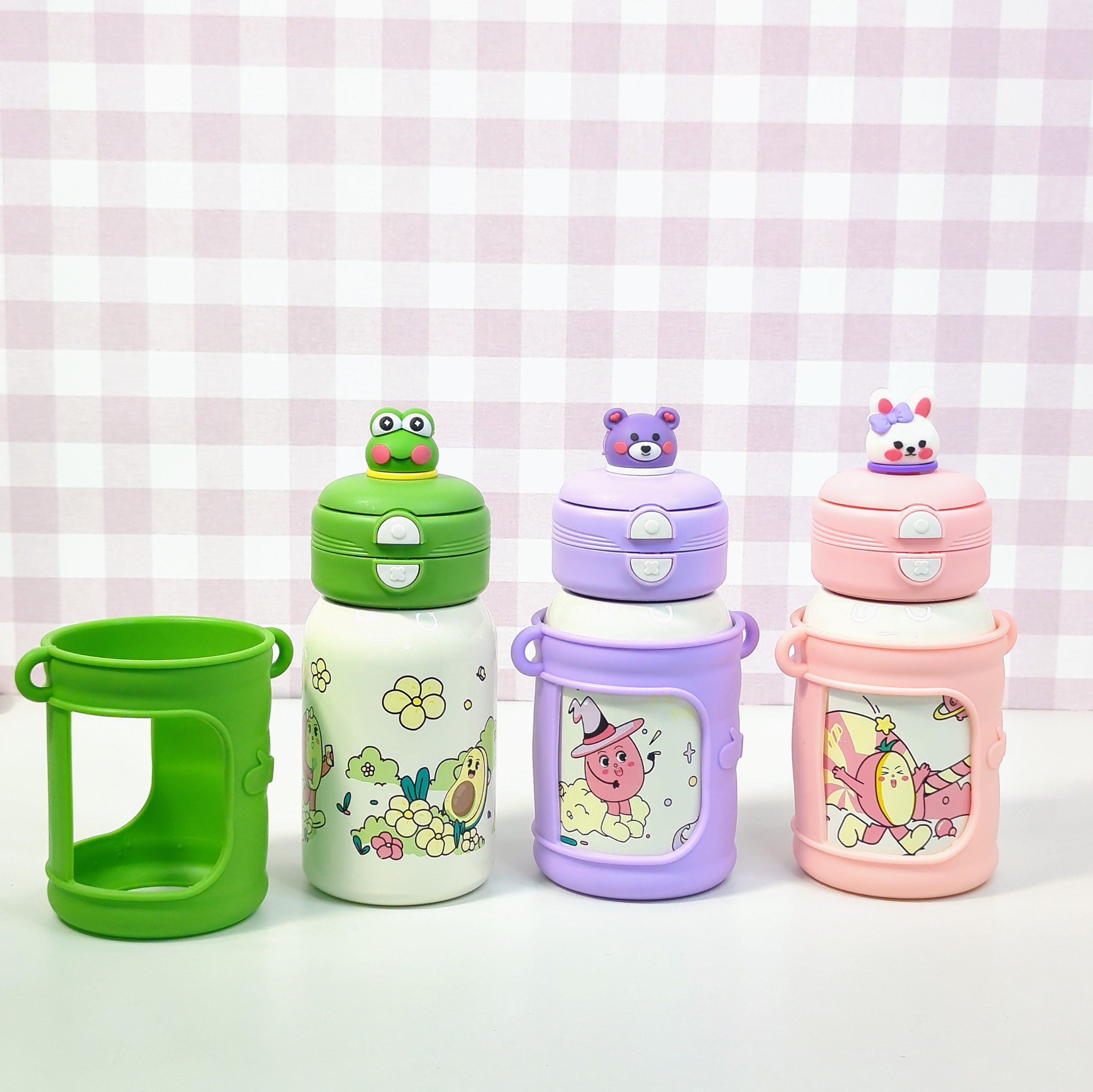 HOMIQUE Cute Animal Sipper – Dual Opening Stainless Steel Double Walled Insulated Bottle for Kids (With Silicone Sleeve & Cartoon Lid)