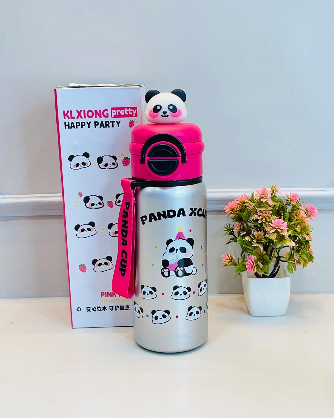 HOMIQUE Cute Panda Water Bottle with 3D Lid – 600ml Leakproof Kids Flask with Strap
