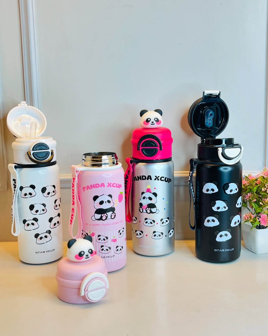 HOMIQUE Cute Panda Water Bottle with 3D Lid – 600ml Leakproof Kids Flask with Strap