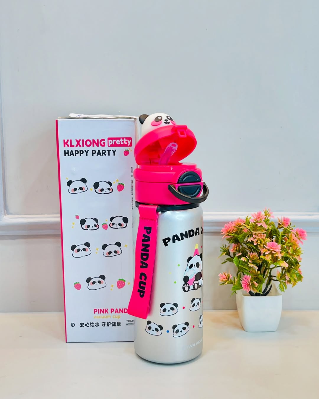 HOMIQUE Cute Panda Water Bottle with 3D Lid – 600ml Leakproof Kids Flask with Strap