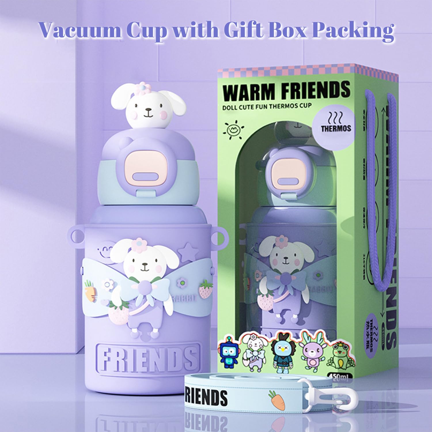 HOMIQUE Warm Friends Cute Animal Thermos Bottle – Insulated Kids Water Bottle with Strap (450ml)