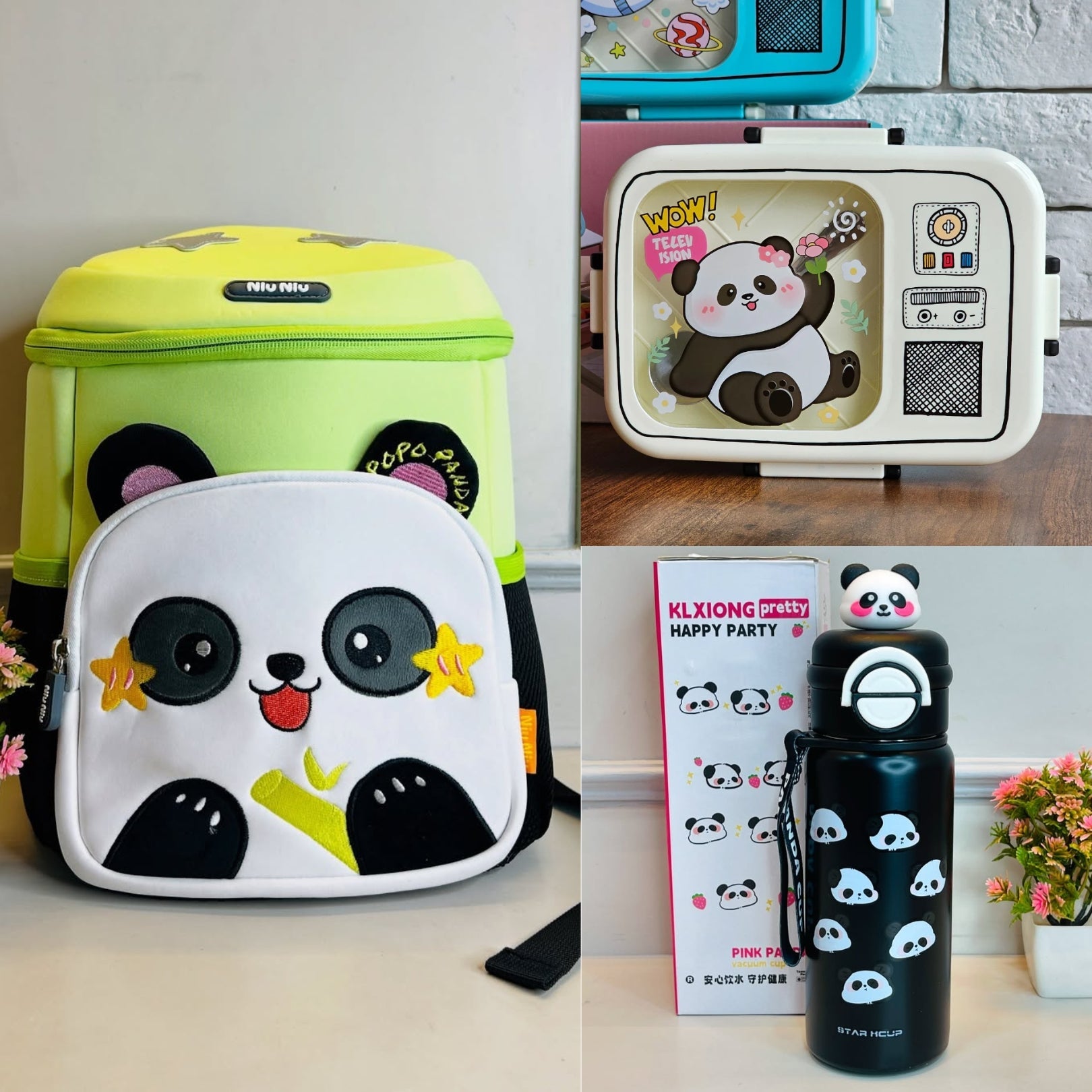 HOMIQUE 3-in-1 Panda School Combo – Backpack, Insulated Bottle & Cute TV-Style Lunch Box for Kids