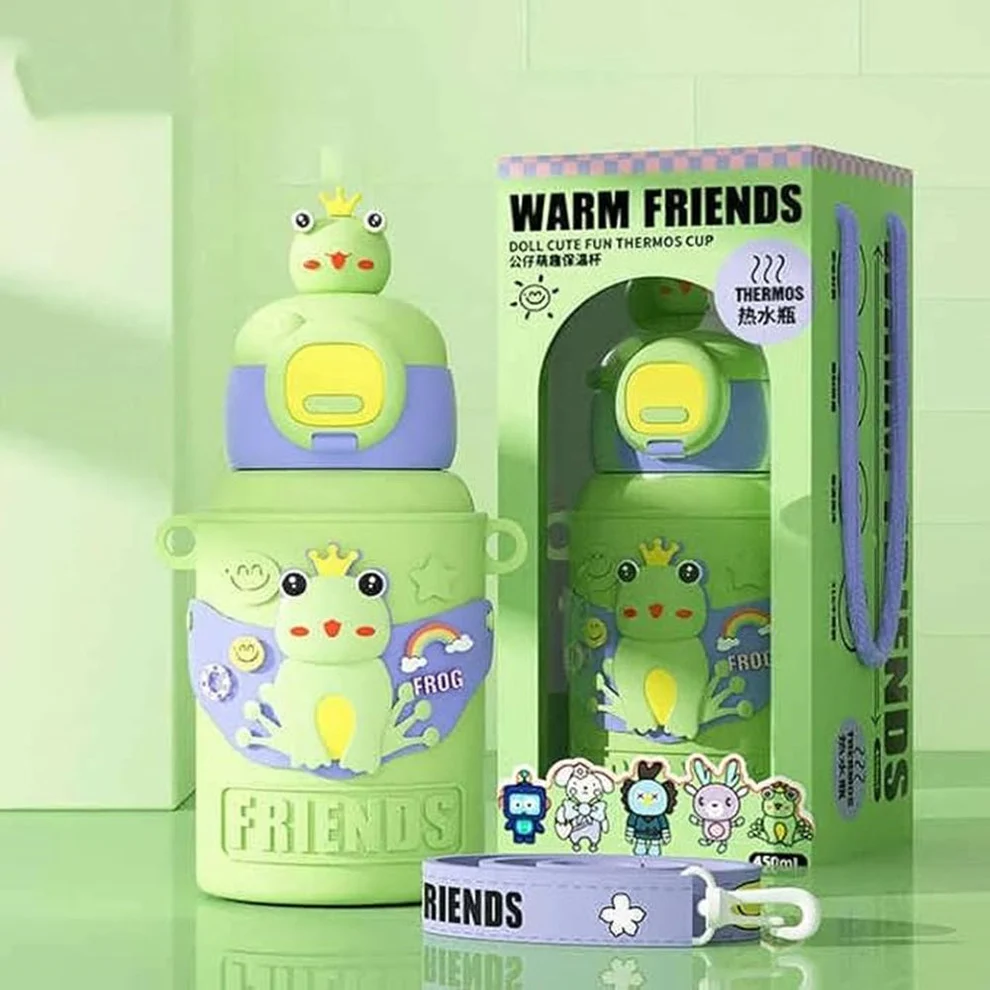 HOMIQUE Warm Friends Cute Animal Thermos Bottle – Insulated Kids Water Bottle with Strap (450ml)