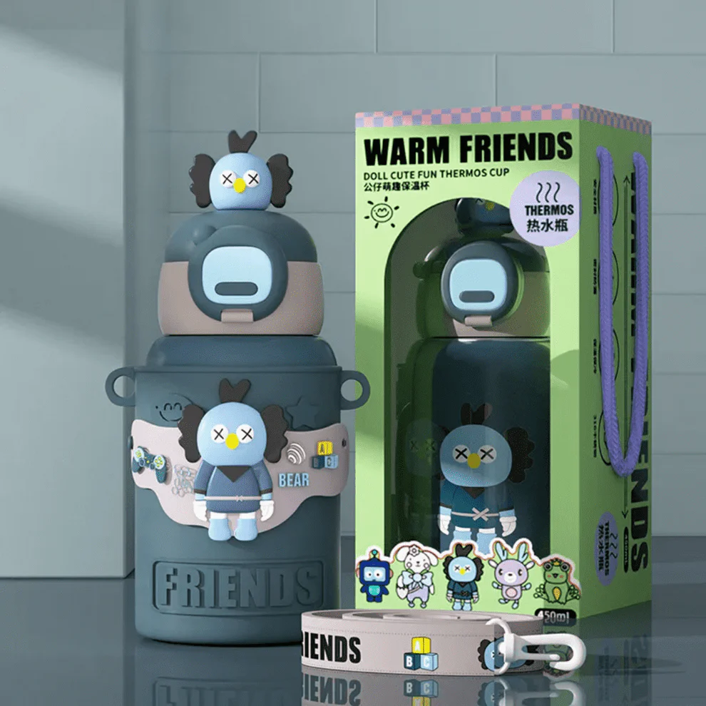 HOMIQUE Warm Friends Cute Animal Thermos Bottle – Insulated Kids Water Bottle with Strap (450ml)