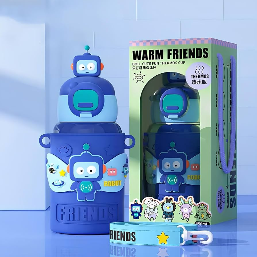 HOMIQUE Warm Friends Cute Animal Thermos Bottle – Insulated Kids Water Bottle with Strap (450ml)