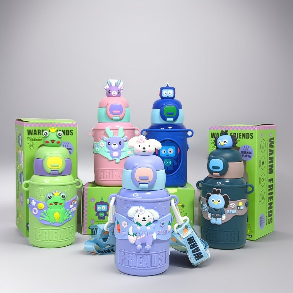 HOMIQUE Warm Friends Cute Animal Thermos Bottle – Insulated Kids Water Bottle with Strap (450ml)
